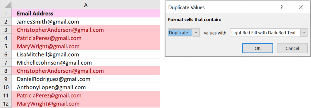 Highlight duplicate values