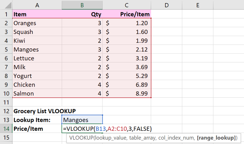 Example of VLOOKUP function